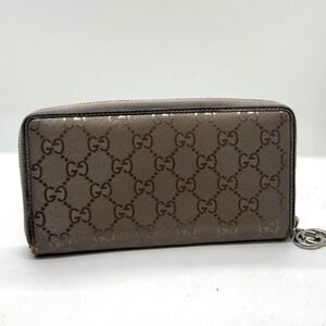 Gucci GG Monogram Zip Around Wallet Silver‎ Purple Gray Leather PVC Mirror